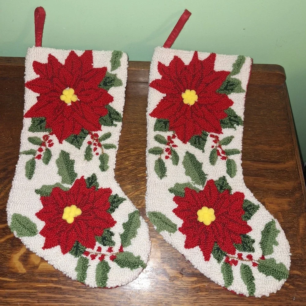 Hook Knit Felt Holly Pom Poinsettia Christmas Stockings Set 2 Botanical Noel
